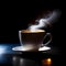 Cup with hot coffee on saucer, dark background