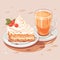 Cup of a hot coffee with a tasty delicious peace of a bithday cake. Sweet bakery and hot beverage. Yummy pie. Isolated vector in