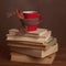 Cup hot coffee or tea, cocoa, chocolate coered scarf and book on wooden table, toned photo. Autumn concept stack of books, coffee