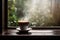 Cup of hot coffee or tea on window sill. Generative AI