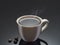 Cup of hot coffee. Three coffee beans on dark background. Minimalistic composition. Studio shot in dark key.