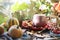 A cup of hot drink, berries, pumpkins, spices, a scarf, autumn leaves on the background of the window