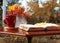 Cup of hot drink, book and dry leaves with viburnum on wooden table outdoors. Autumn atmosphere