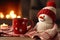 Cup of hot drink in front of warm fireplace, Mug in red knitted mitten, decorated with snowman toy, standing near fireside