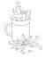 Cup of hot drink, marshmallows and cinnamon, pods and flower of vanilla and carnation - vector linear illustration for coloring. O