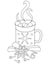 Cup of hot drink, marshmallows, star anise, cloves and cinnamon stock illustration for coloring. Outline. Mug with hot chocolate,