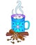 Cup of hot drink, marshmallows, star anise, cloves and cinnamon vector full color illustration. Mug with hot chocolate, snowflakes
