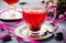 Cup of hot hibiscus tea karkade, red sorrel, rosella