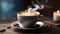 Cup of hot latte art on wooden table, closeup