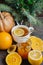 Cup of hot lemon tea with orange pumpkin and ginger jam on a wooden background. Healthy drink cold. Winter drink