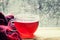 Cup with hot red tea in front of a window with water drops in ra