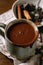 Cup of hot spicy chocolate winter drink