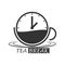 Cup of hot tea with a clock and the inscription Tea Break. Simple icon