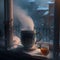 A cup of hot tea on the windowsill, it\\\'s winter outside the window, it\\\'s snowing, a lot of snow,