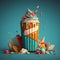 A Cup of Ice Cream Overflowing with Toppings and Candies, Accentuated with Playful Orange and Teal Color Shading