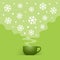 Cup of iced green tea and light cloud with snowflakes