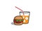Cup of juice with square ice cubes and big hamburger Sandwich with meat and vegetable inside for design illustrator, chheeseburger