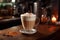 Cup of latte with coffee beans on the wooden table in cafe. warm morning dawn sun light