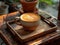 a cup of latte at a table with a wooden tray, in the style of organic texture, swirling vortexes, high-angle, bold