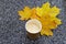 Cup with leftover cappuccino coffee and yellow bouquet of autumn maple leaves on marble background, copy space