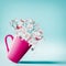 Cup with lovely spring blossom bunch of magnolia and falling petals at light blue background, close up . Flowers arrangement.