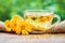 Cup of marigold tea and calendula flowers outdoors