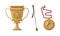 Cup, Medal and Polo Stick as Equestrian Sport Items for Racing Vector Set