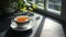 A cup of morning tea in a black, minimalist kitchen, bathed in sunny window shadows, indoor plants on the background