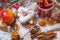 Cup of mulled wine, Christmas cookies, fruit and spices, closeup. Christmas celebration concept