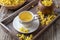 A cup of mullein tea with fresh verbascum flowers