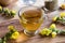 A cup of mullein tea with mullein flowers in the background