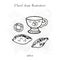 Cup and patty, tea set, hand drawing monochrome linear illustration