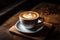 A cup of perfectly brewed cafee on a wooden rustic table. AI Generated