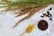 A cup of refreshing fruit hibiscus tea with mint and honey stick