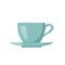 Cup and saucer icon. Kitchen utensils, tea or coffee items. Blue mug.