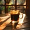 A cup of singleorigin coffee sits on a wooden table by the window