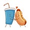 Cup of soda drink and hot dog characters holding by hands. Perfect couple, friends forever cartoon vector illustration