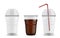 Cup with sphere dome cap. Realistic plastic mug with straw. 3D empty or full of carbonated drink transparent glasses