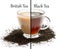 Cup split in half. Tough choice british tea vs black tea concept