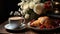 A cup of steaming espresso finding refuge on a vintage table. Accompanied by freshly baked croissants and a fresco floral bouquet