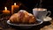 A cup of steaming espresso finding refuge on a vintage table. Accompanied by freshly baked croissants. Unique moment, where detail