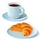 Cup of strong black coffee and croissant on a white porcelain saucer