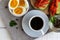 A cup of strong coffee (espresso), close-up and easy diet breakfast