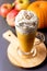 Cup of Tasty Honey Pumpkin Spice Latte with Whipped Cream Autumn Beverage Vertical Gray Background