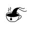 Cup with tea bag, pouring boiling water, teapot spout. Cutout silhouette icon for packaging design. Outline pictogram of brewing