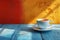 Cup of tea on blue wooden table