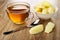 Cup with tea, candies in shape of bananas in bowl, spoon on wooden table