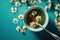 Cup of tea with daisies, chamomile and honey and spoons, top view, blue background.