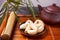 Cup of tea with fortune cookies, teapot in oriental style on a wooden tray