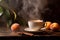 Cup of tea with fresh apricots on dark background